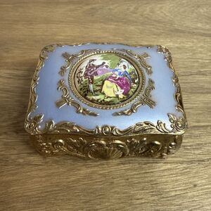 Vintage Japanese Gold Color Filigree With Ceramic Inlay Victorian Couple Lined